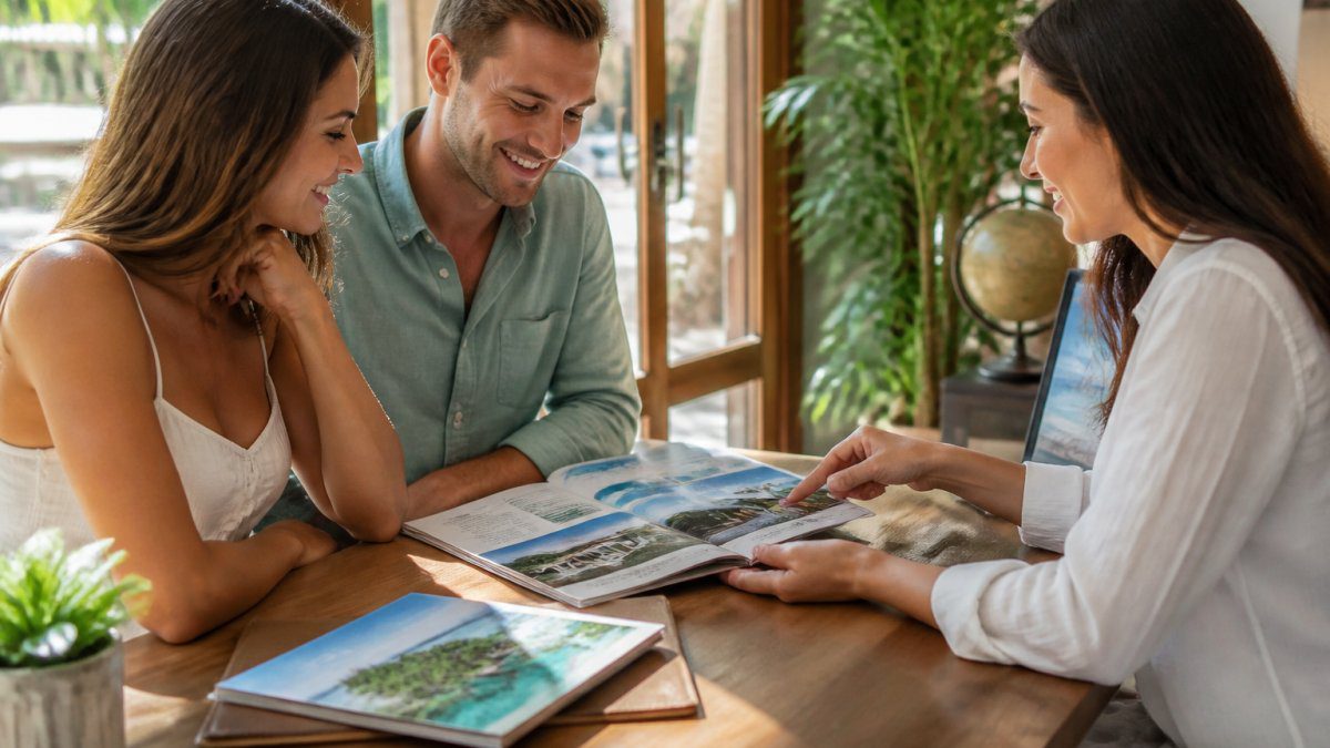 A couple sitting with a travel advisor at a sunlit desk, reviewing a printed itinerary and a tablet showing a tropical resort